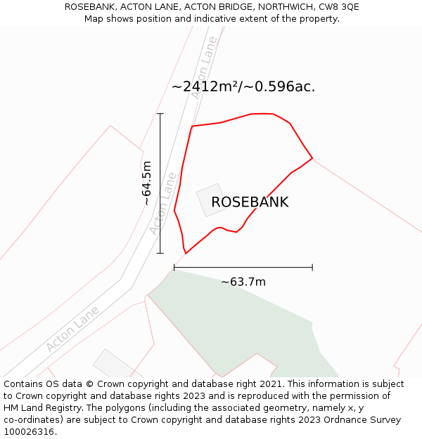 ROSEBANK, ACTON LANE, ACTON BRIDGE, NORTHWICH, CW8 3QE: Plot and title map