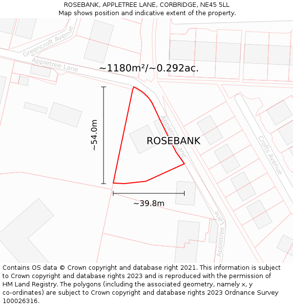 ROSEBANK, APPLETREE LANE, CORBRIDGE, NE45 5LL: Plot and title map