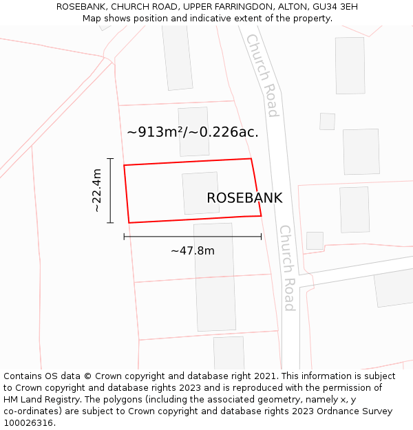 ROSEBANK, CHURCH ROAD, UPPER FARRINGDON, ALTON, GU34 3EH: Plot and title map