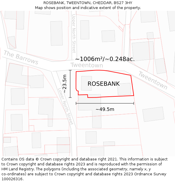 ROSEBANK, TWEENTOWN, CHEDDAR, BS27 3HY: Plot and title map