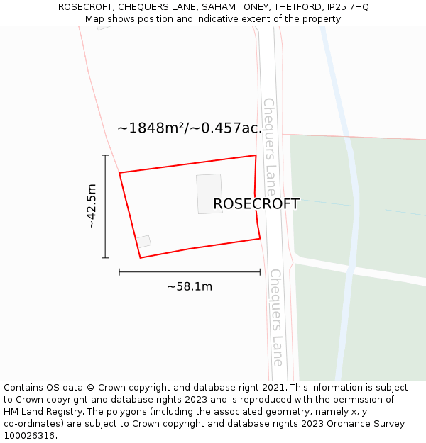 ROSECROFT, CHEQUERS LANE, SAHAM TONEY, THETFORD, IP25 7HQ: Plot and title map