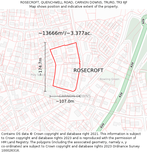 ROSECROFT, QUENCHWELL ROAD, CARNON DOWNS, TRURO, TR3 6JF: Plot and title map