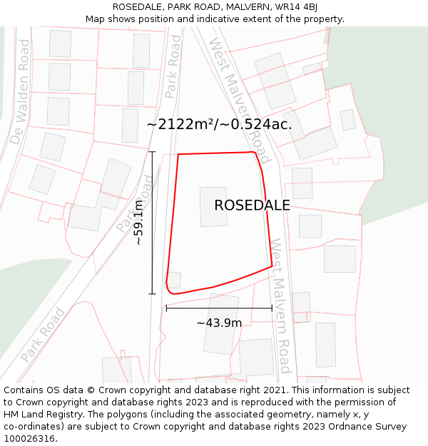 ROSEDALE, PARK ROAD, MALVERN, WR14 4BJ: Plot and title map