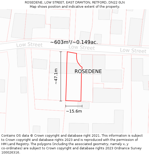 ROSEDENE, LOW STREET, EAST DRAYTON, RETFORD, DN22 0LN: Plot and title map
