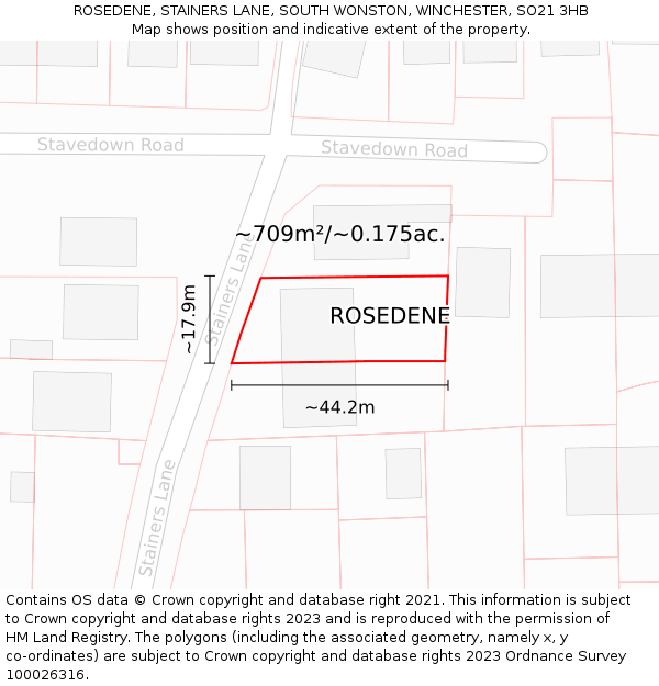 ROSEDENE, STAINERS LANE, SOUTH WONSTON, WINCHESTER, SO21 3HB: Plot and title map