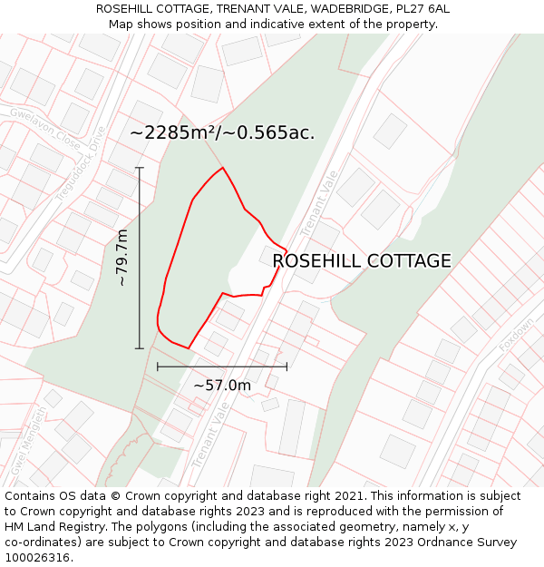 ROSEHILL COTTAGE, TRENANT VALE, WADEBRIDGE, PL27 6AL: Plot and title map