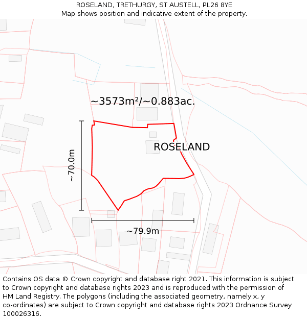 ROSELAND, TRETHURGY, ST AUSTELL, PL26 8YE: Plot and title map