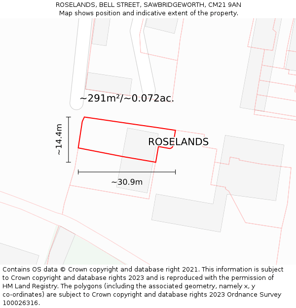 ROSELANDS, BELL STREET, SAWBRIDGEWORTH, CM21 9AN: Plot and title map