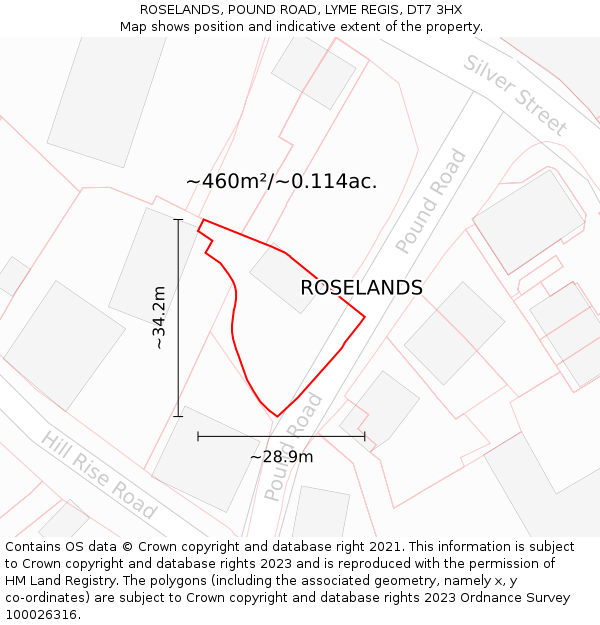 ROSELANDS, POUND ROAD, LYME REGIS, DT7 3HX: Plot and title map