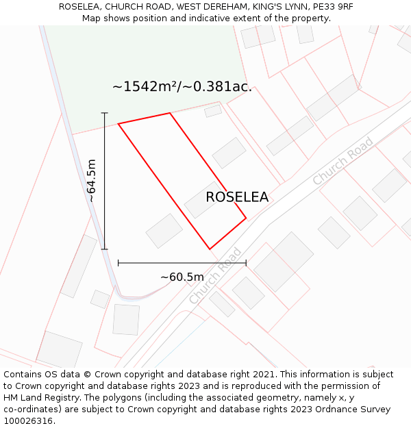 ROSELEA, CHURCH ROAD, WEST DEREHAM, KING'S LYNN, PE33 9RF: Plot and title map