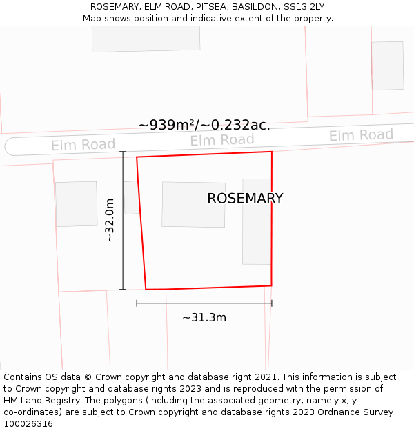 ROSEMARY, ELM ROAD, PITSEA, BASILDON, SS13 2LY: Plot and title map