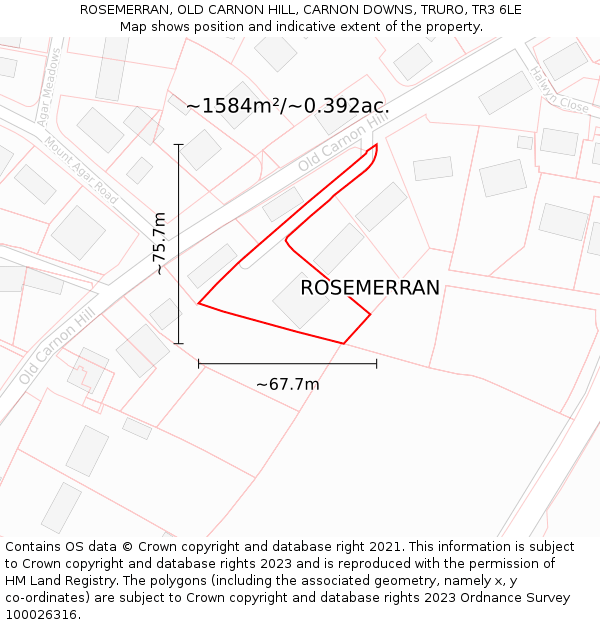 ROSEMERRAN, OLD CARNON HILL, CARNON DOWNS, TRURO, TR3 6LE: Plot and title map