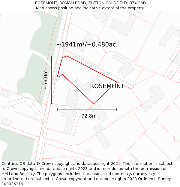 ROSEMONT, ROMAN ROAD, SUTTON COLDFIELD, B74 3AB: Plot and title map