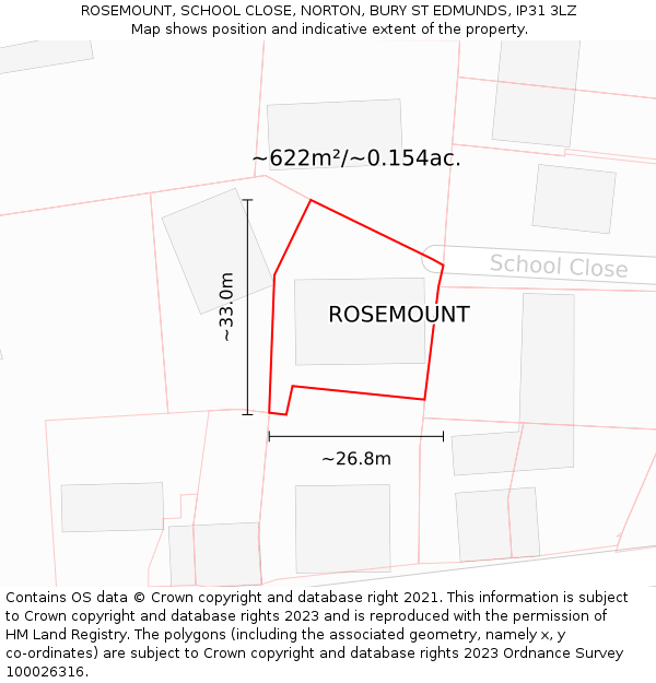 ROSEMOUNT, SCHOOL CLOSE, NORTON, BURY ST EDMUNDS, IP31 3LZ: Plot and title map