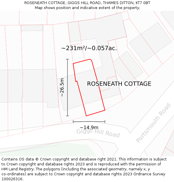 ROSENEATH COTTAGE, GIGGS HILL ROAD, THAMES DITTON, KT7 0BT: Plot and title map