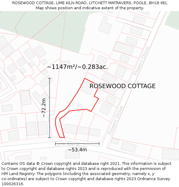 ROSEWOOD COTTAGE, LIME KILN ROAD, LYTCHETT MATRAVERS, POOLE, BH16 6EL: Plot and title map