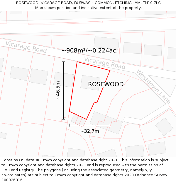 ROSEWOOD, VICARAGE ROAD, BURWASH COMMON, ETCHINGHAM, TN19 7LS: Plot and title map