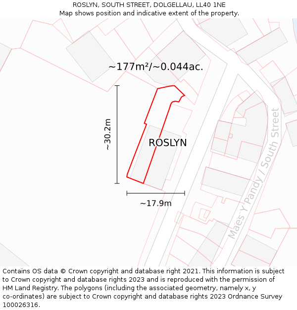 ROSLYN, SOUTH STREET, DOLGELLAU, LL40 1NE: Plot and title map