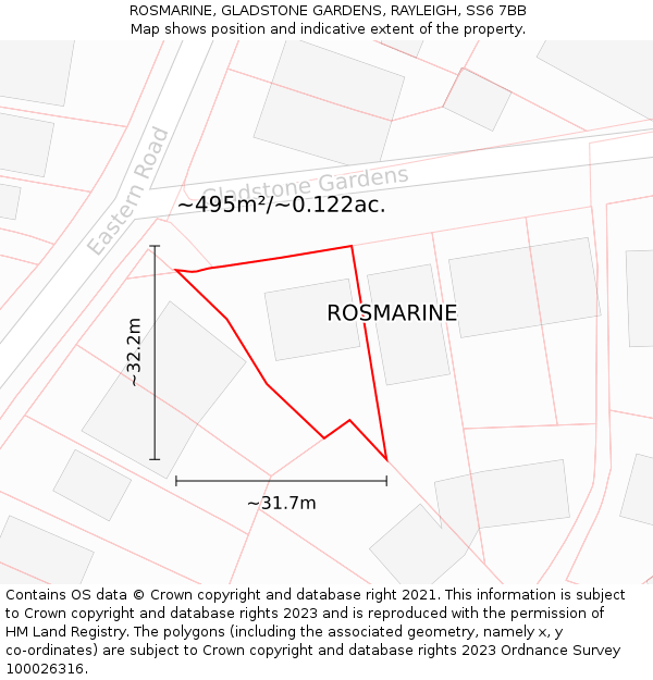 ROSMARINE, GLADSTONE GARDENS, RAYLEIGH, SS6 7BB: Plot and title map