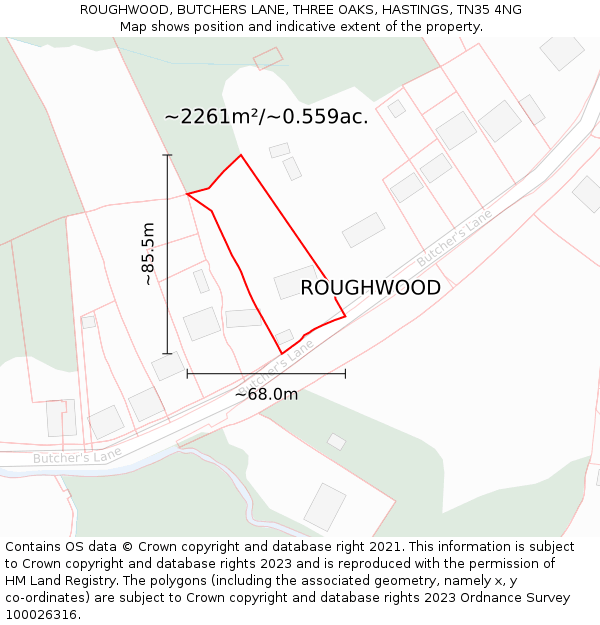 ROUGHWOOD, BUTCHERS LANE, THREE OAKS, HASTINGS, TN35 4NG: Plot and title map