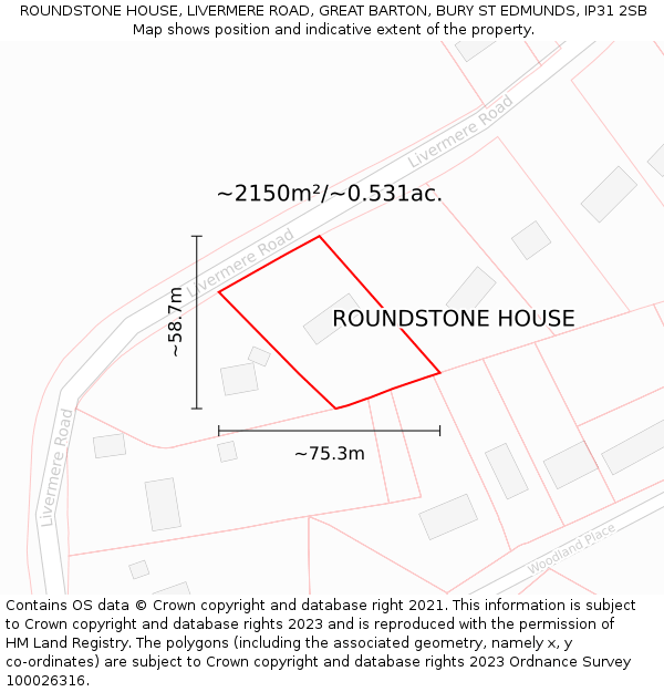 ROUNDSTONE HOUSE, LIVERMERE ROAD, GREAT BARTON, BURY ST EDMUNDS, IP31 2SB: Plot and title map