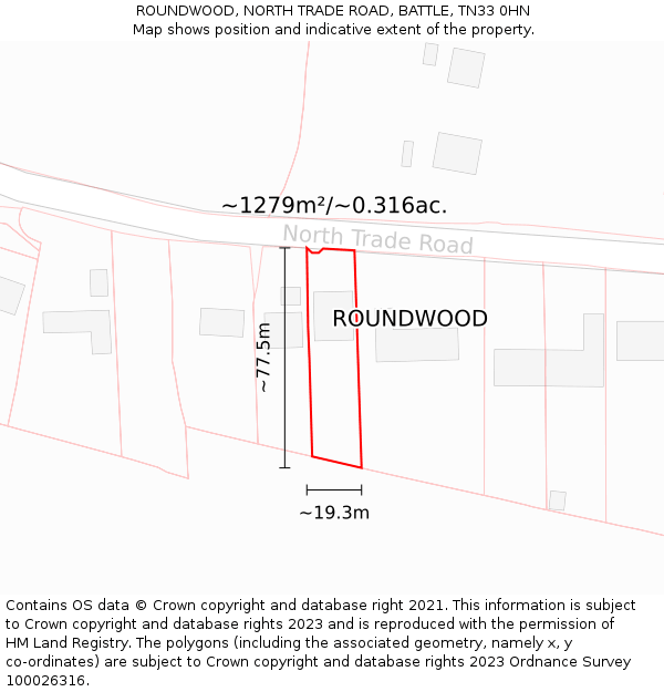ROUNDWOOD, NORTH TRADE ROAD, BATTLE, TN33 0HN: Plot and title map