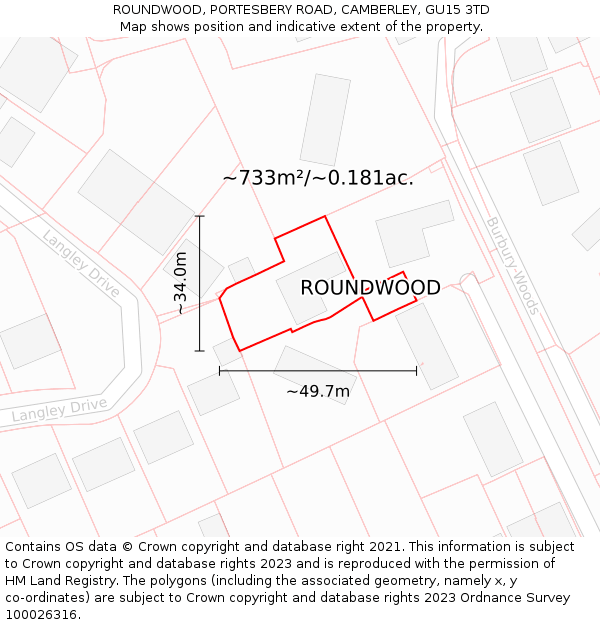 ROUNDWOOD, PORTESBERY ROAD, CAMBERLEY, GU15 3TD: Plot and title map