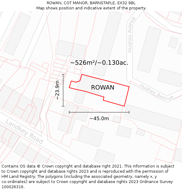 ROWAN, COT MANOR, BARNSTAPLE, EX32 9BL: Plot and title map