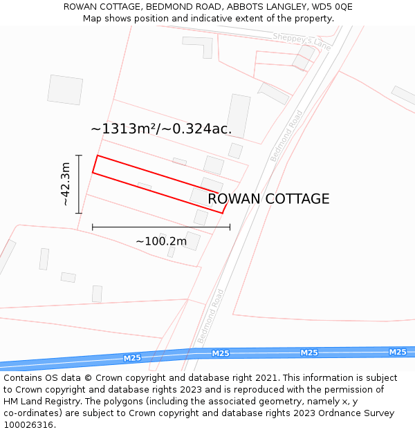 ROWAN COTTAGE, BEDMOND ROAD, ABBOTS LANGLEY, WD5 0QE: Plot and title map