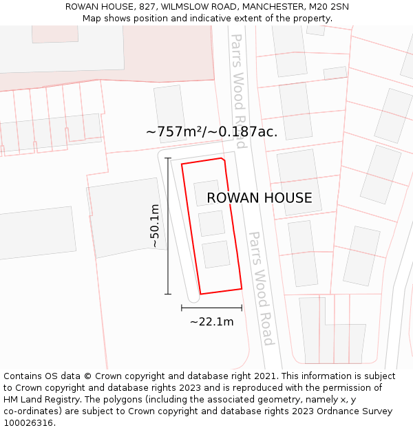 ROWAN HOUSE, 827, WILMSLOW ROAD, MANCHESTER, M20 2SN: Plot and title map