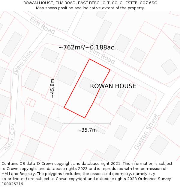 ROWAN HOUSE, ELM ROAD, EAST BERGHOLT, COLCHESTER, CO7 6SG: Plot and title map
