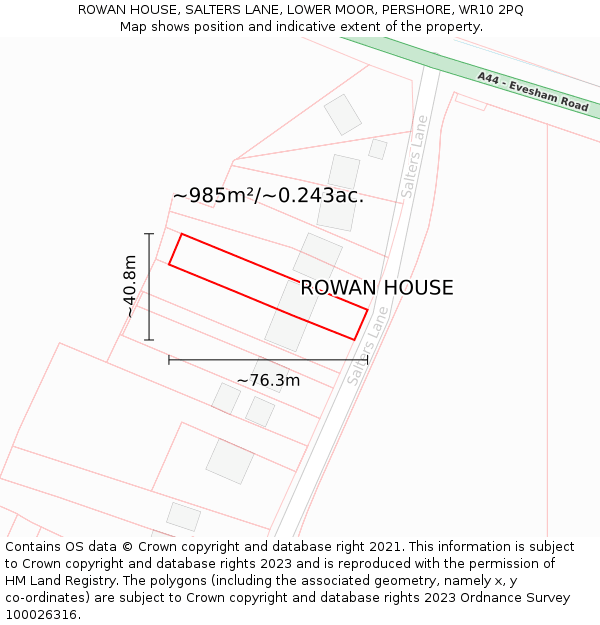 ROWAN HOUSE, SALTERS LANE, LOWER MOOR, PERSHORE, WR10 2PQ: Plot and title map
