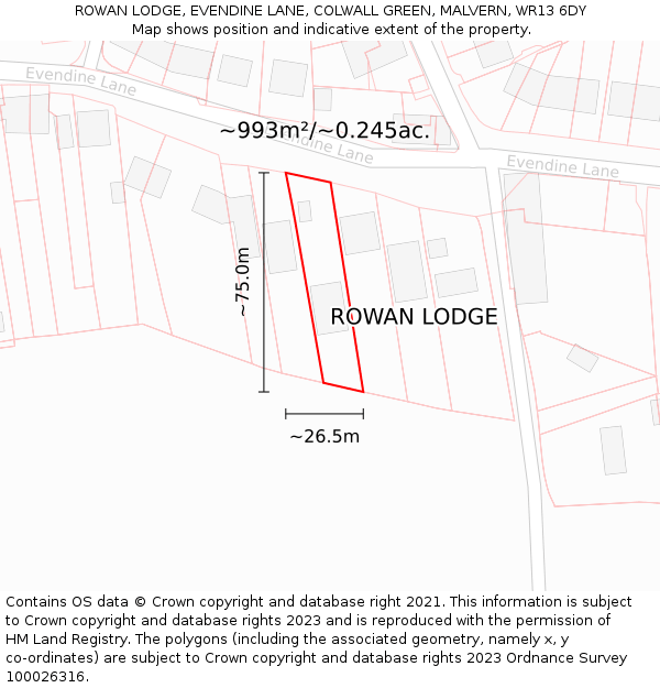 ROWAN LODGE, EVENDINE LANE, COLWALL GREEN, MALVERN, WR13 6DY: Plot and title map