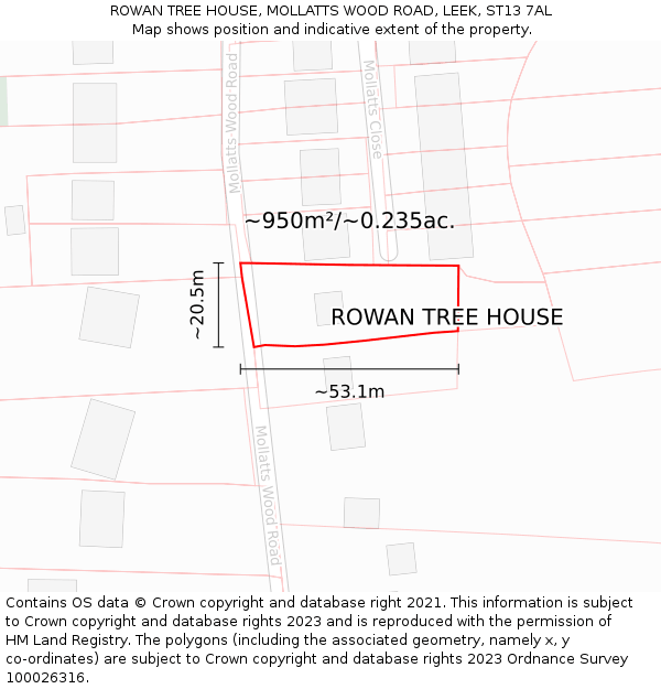 ROWAN TREE HOUSE, MOLLATTS WOOD ROAD, LEEK, ST13 7AL: Plot and title map