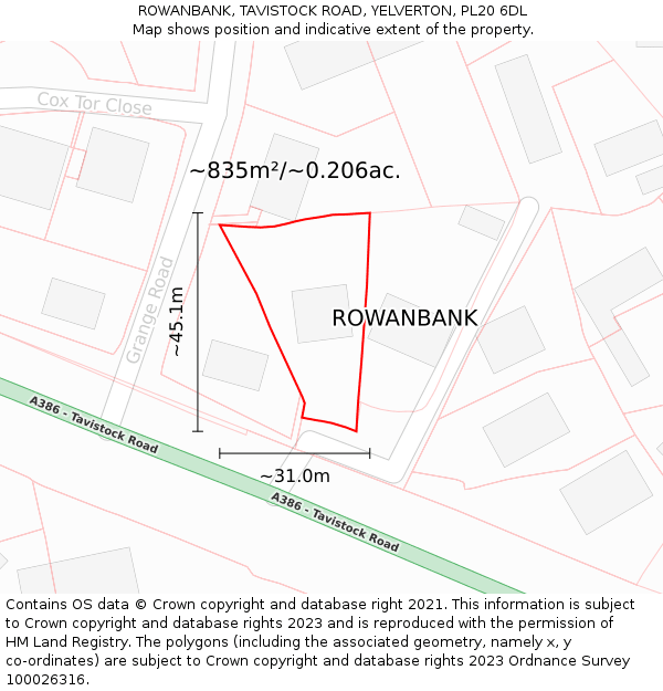 ROWANBANK, TAVISTOCK ROAD, YELVERTON, PL20 6DL: Plot and title map