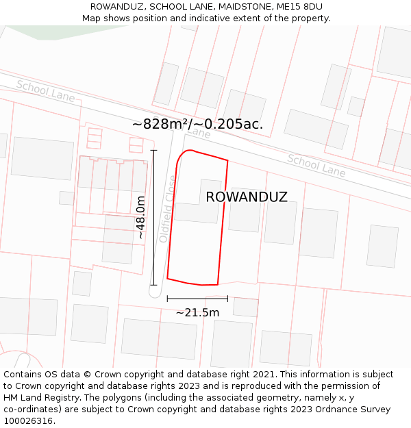 ROWANDUZ, SCHOOL LANE, MAIDSTONE, ME15 8DU: Plot and title map
