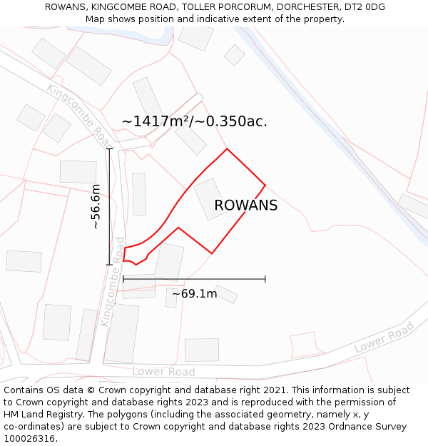 ROWANS, KINGCOMBE ROAD, TOLLER PORCORUM, DORCHESTER, DT2 0DG: Plot and title map