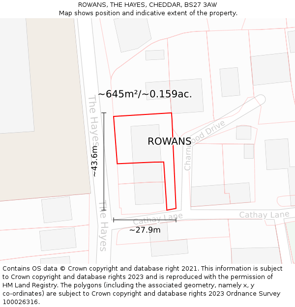 ROWANS, THE HAYES, CHEDDAR, BS27 3AW: Plot and title map