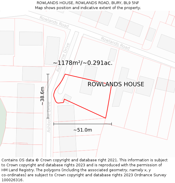 ROWLANDS HOUSE, ROWLANDS ROAD, BURY, BL9 5NF: Plot and title map
