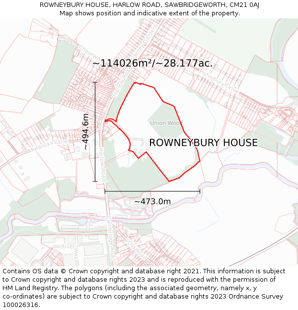 ROWNEYBURY HOUSE, HARLOW ROAD, SAWBRIDGEWORTH, CM21 0AJ: Plot and title map