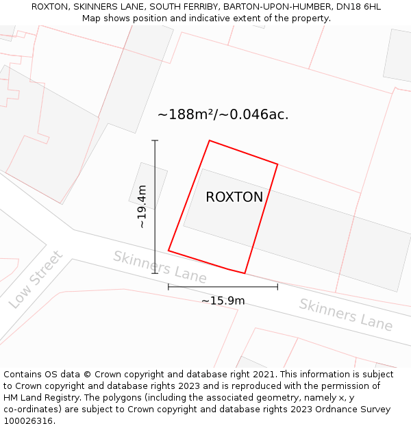 ROXTON, SKINNERS LANE, SOUTH FERRIBY, BARTON-UPON-HUMBER, DN18 6HL: Plot and title map