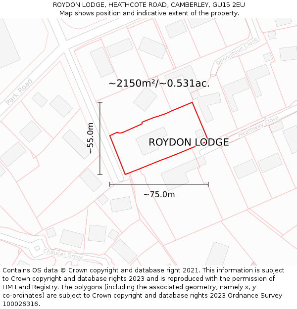 ROYDON LODGE, HEATHCOTE ROAD, CAMBERLEY, GU15 2EU: Plot and title map