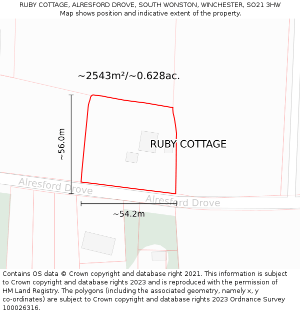 RUBY COTTAGE, ALRESFORD DROVE, SOUTH WONSTON, WINCHESTER, SO21 3HW: Plot and title map