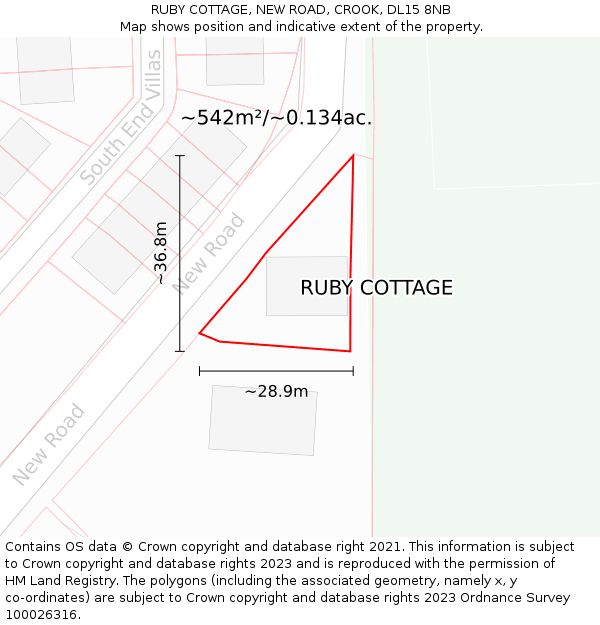 RUBY COTTAGE, NEW ROAD, CROOK, DL15 8NB: Plot and title map