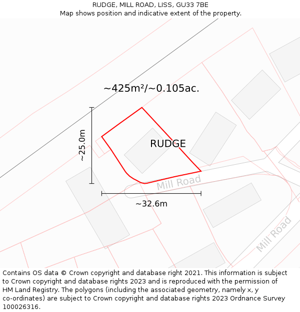 RUDGE, MILL ROAD, LISS, GU33 7BE: Plot and title map