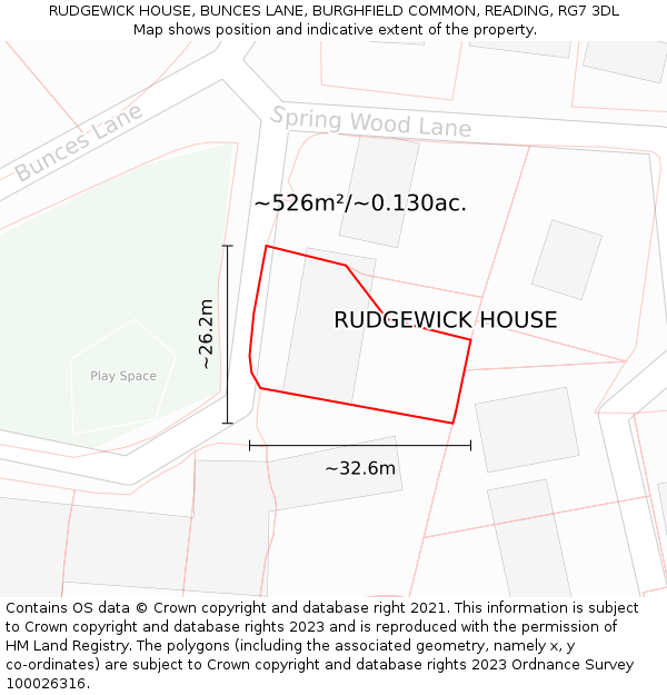 RUDGEWICK HOUSE, BUNCES LANE, BURGHFIELD COMMON, READING, RG7 3DL: Plot and title map