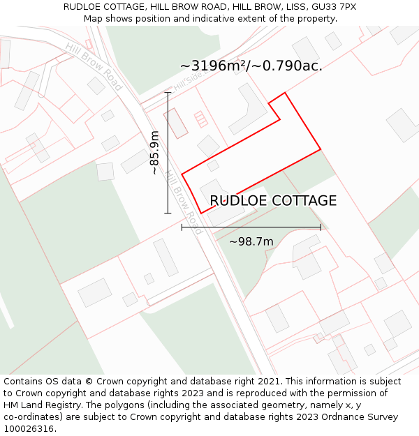 RUDLOE COTTAGE, HILL BROW ROAD, HILL BROW, LISS, GU33 7PX: Plot and title map