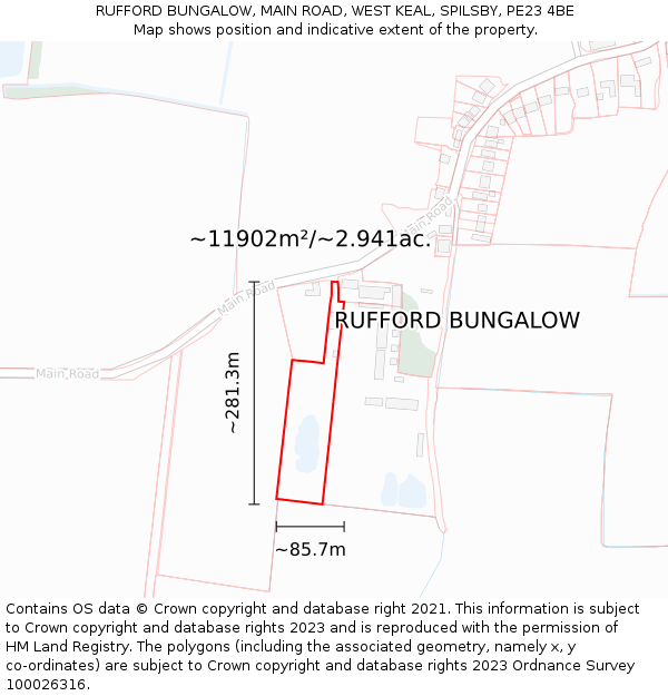 RUFFORD BUNGALOW, MAIN ROAD, WEST KEAL, SPILSBY, PE23 4BE: Plot and title map