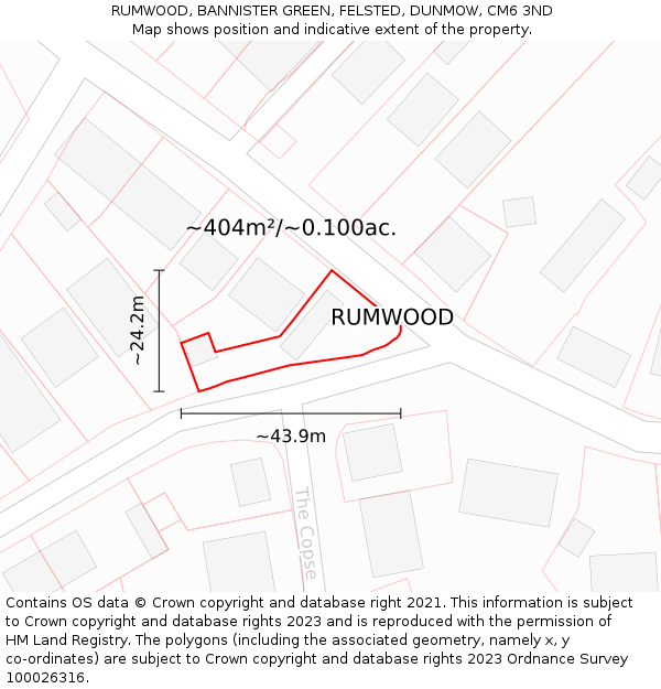 RUMWOOD, BANNISTER GREEN, FELSTED, DUNMOW, CM6 3ND: Plot and title map