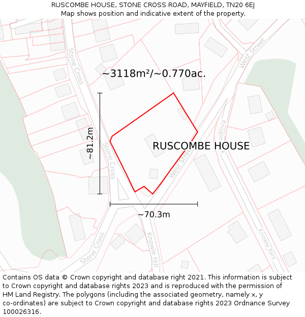 RUSCOMBE HOUSE, STONE CROSS ROAD, MAYFIELD, TN20 6EJ: Plot and title map